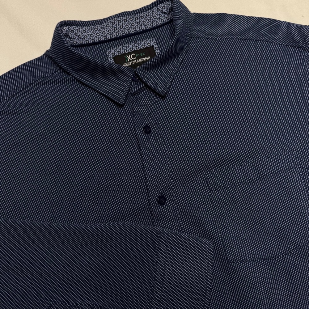 Johnston & Murphy XC Flex Mens XL Navy Blue Micro Geometric Stretch Knit Shirt